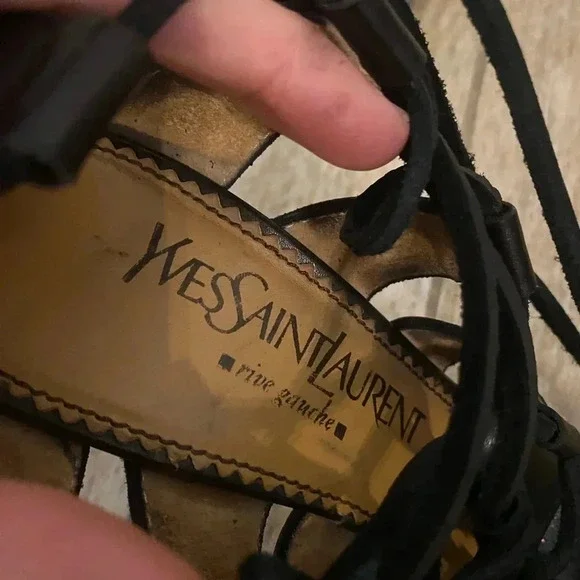 Yves Saint Laurent Black Leather Moorland Lace Up Gladiator Heels - Picture 5 of 14